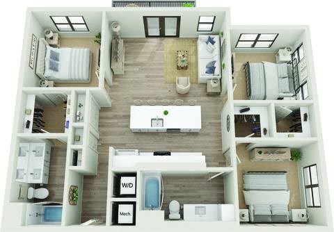 Floor plan for 3 beds, 2 baths, 1309 sqft